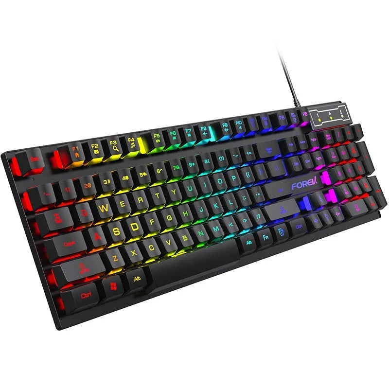 Black backlit gaming keyboard and mouse combo on desk with 104 keys