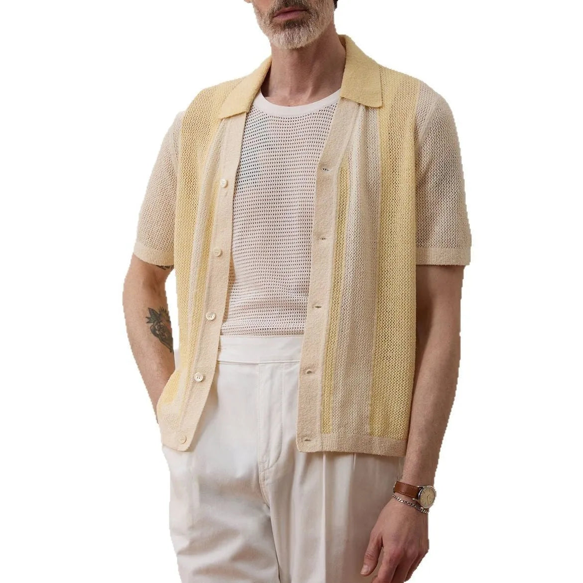 Yellow asymmetrical Tencel polo shirt with hollow-out detailing and short sleeves