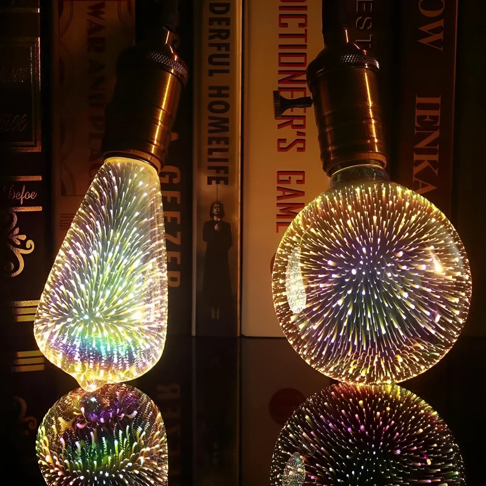 3D firework projection LED decoration bulb with E27 base in various shapes including heart, star, and bottle.