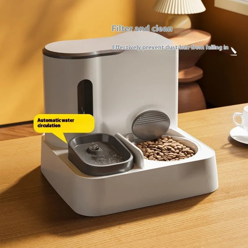 Grey automatic cat feeder with integrated water dispenser and double bowl design