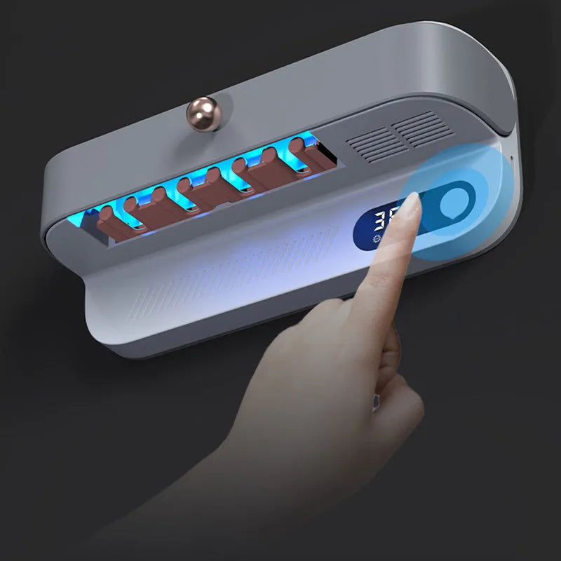 White wall-mounted smart toothbrush steriliser with UV disinfection and holder for family bathroom hygiene