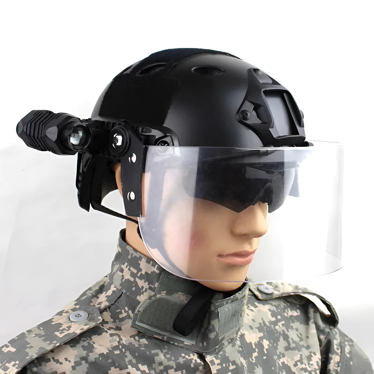 Transparent PC helmet face protection shield with windproof lens on guide rail mount