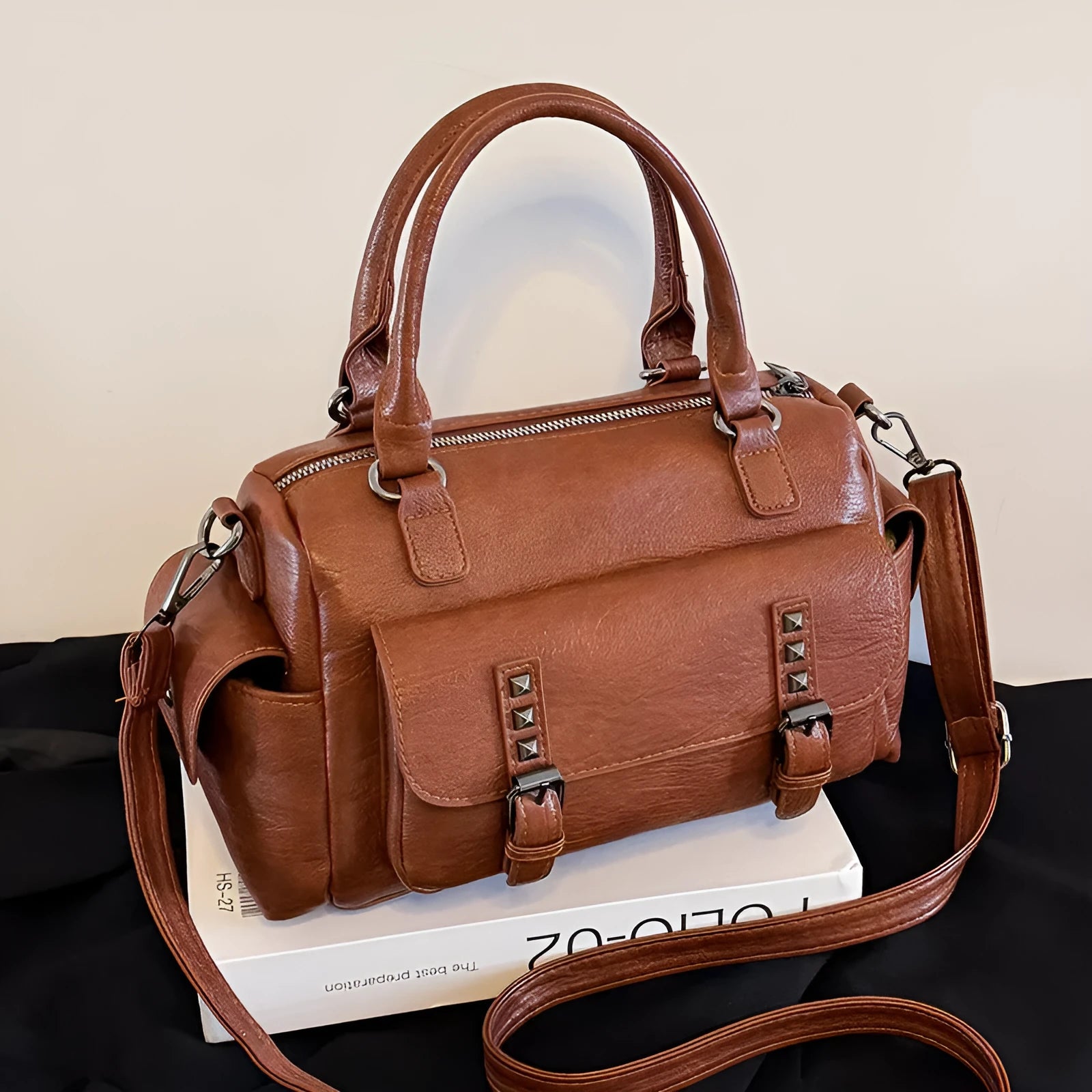 Large vintage messenger bag in horizontal square shape with contrast stitching, shown in available colour options