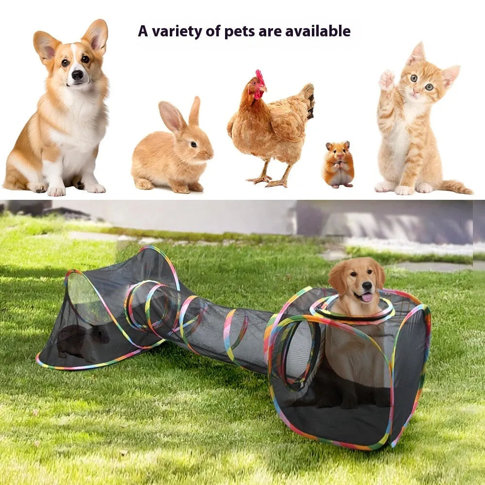 Foldable mesh cat cage in five shape options: hexagonal, long straight, tent, tee, and square configurations