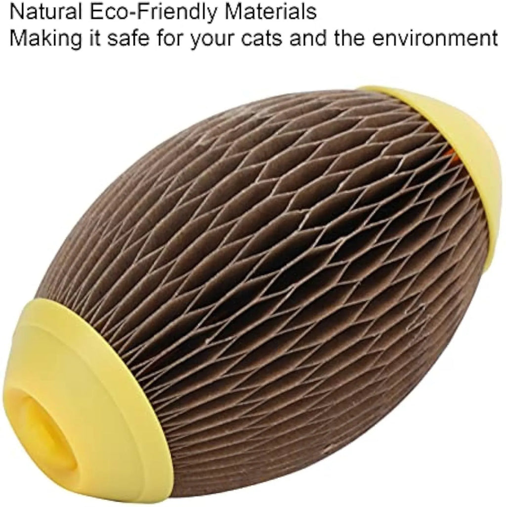 Elliptical corrugated paper catnip scratch football toy for cats.