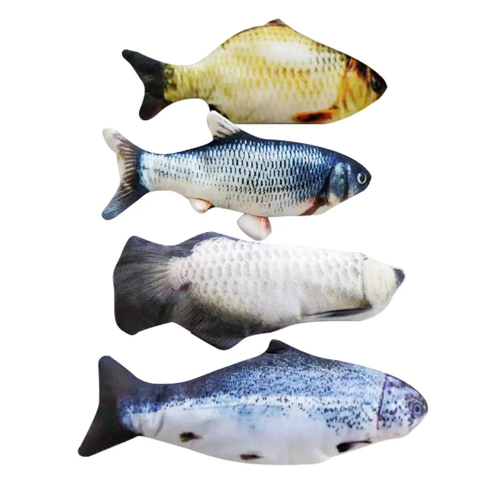 Multicolour 30cm long electronic jumping fish cat toy with USB cable.
