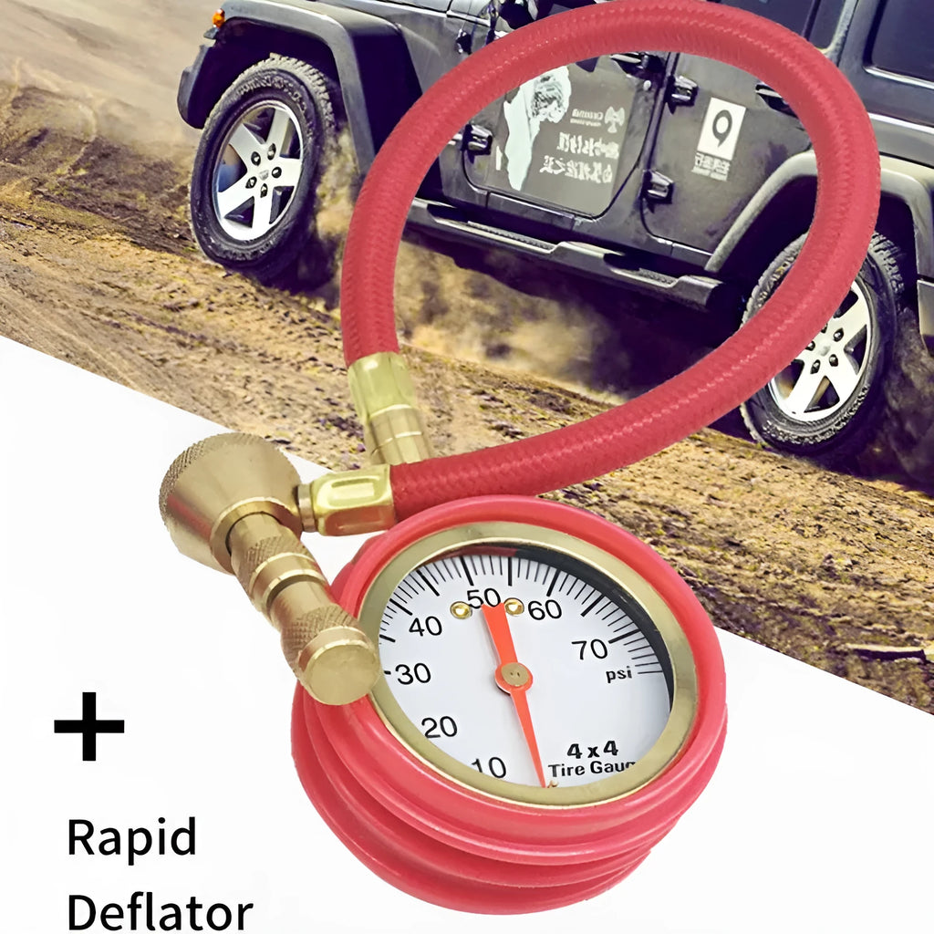 Red mechanical tyre pressure gauge with deflation valve for vehicle maintenance