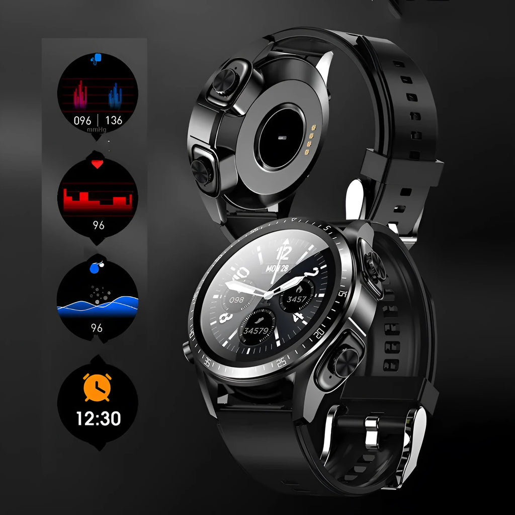 Black smart watch with blood pressure and oxygen monitoring on a silicone wrist strap.