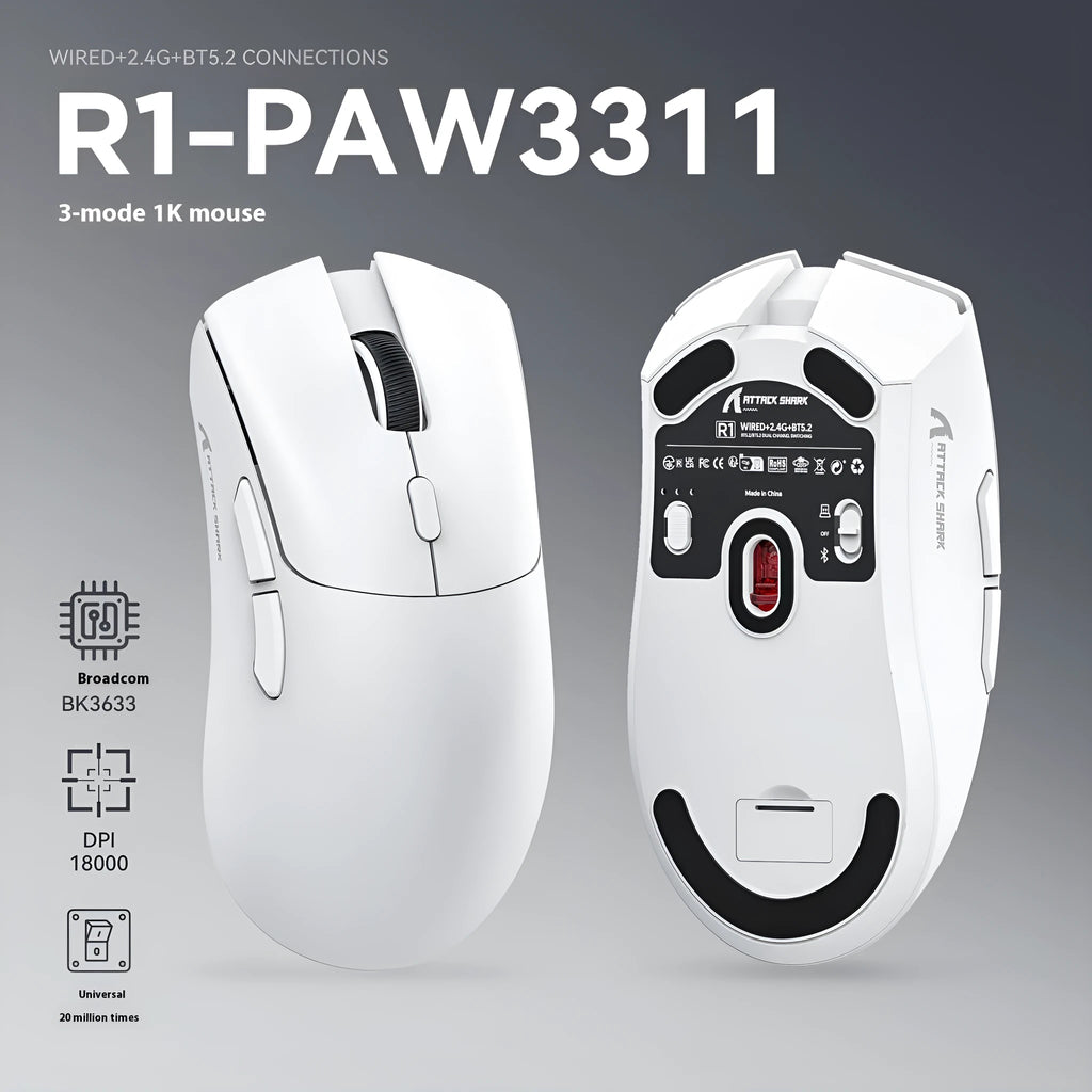 Attack Shark wireless gaming and office mouse in black, white and red colour options