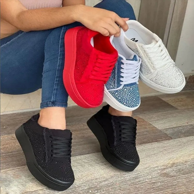 Plus size women's rhinestone lace-up casual shoes with thick rubber soles in black, blue, white, or red colours