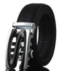Men's black leather belt with automatic buckle, shown with chromium and gold buckle style options.