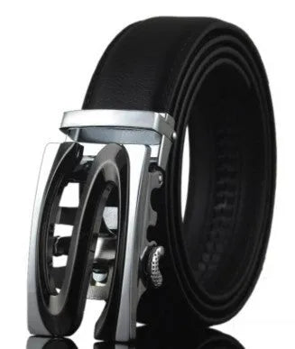 Men's black leather belt with automatic buckle, shown with chromium and gold buckle style options.