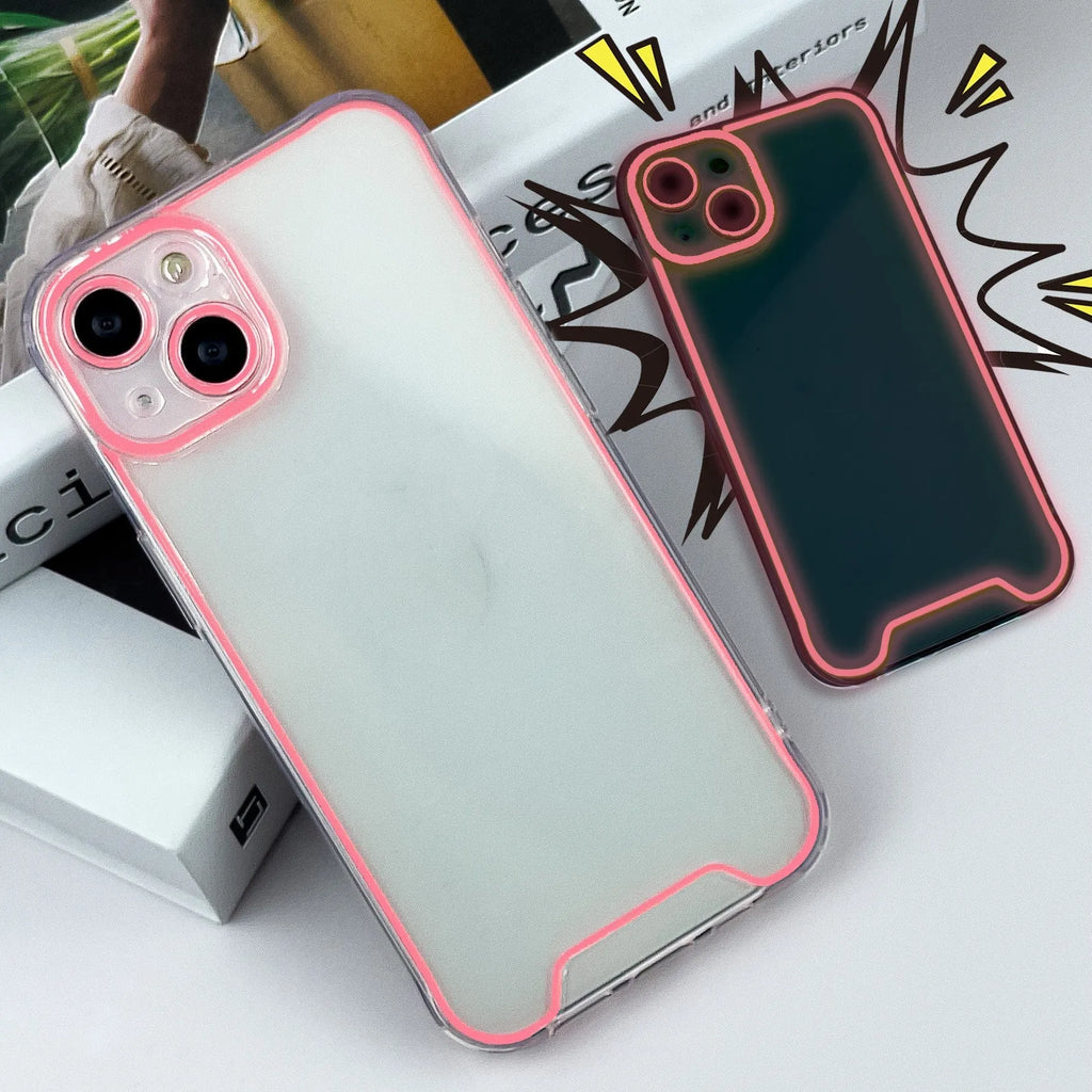 Glow in the dark Christmas phone case for iPhone in blue, green, orange, pink, and yellow colours.