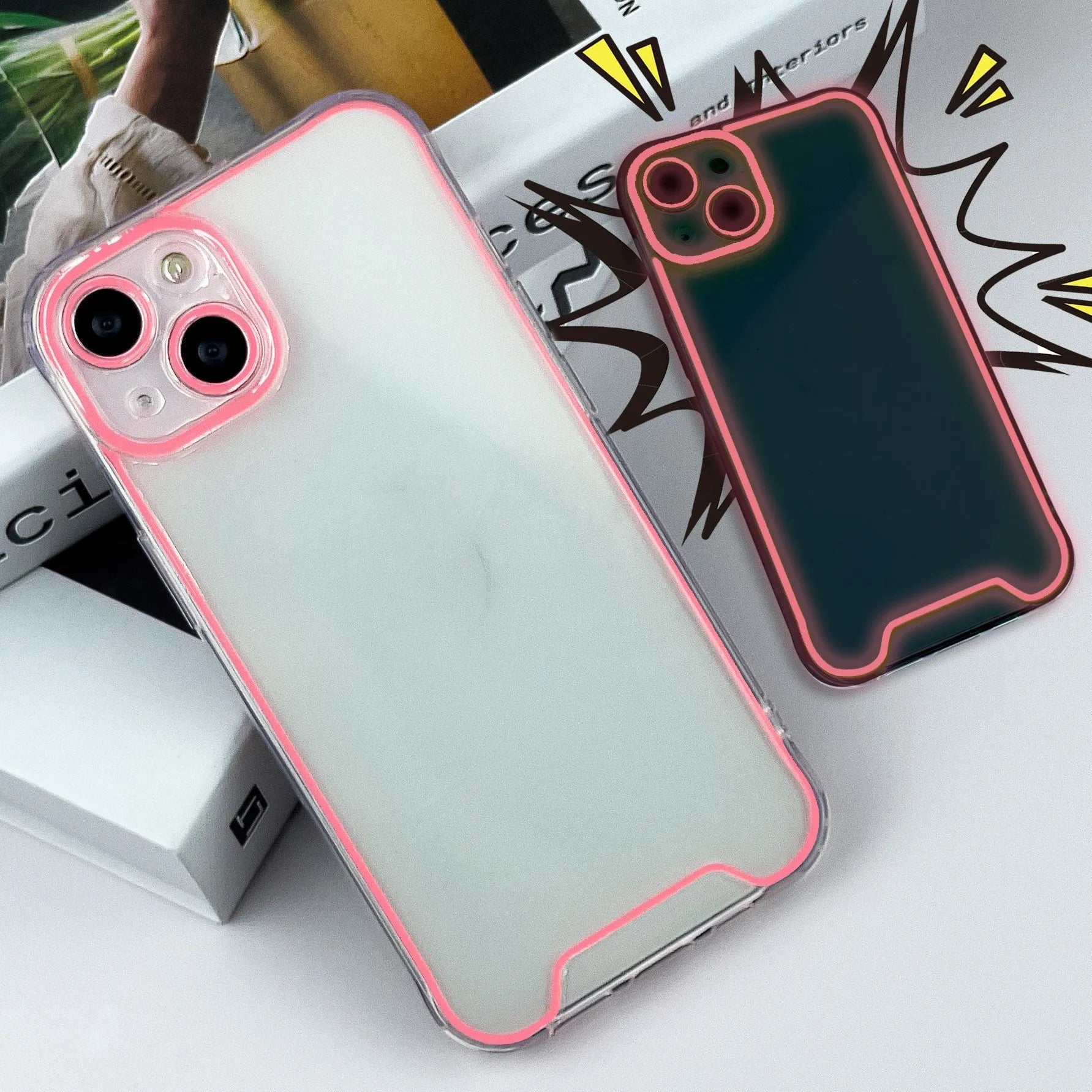 Glow in the dark Christmas phone case for iPhone in blue, green, orange, pink, and yellow colours.