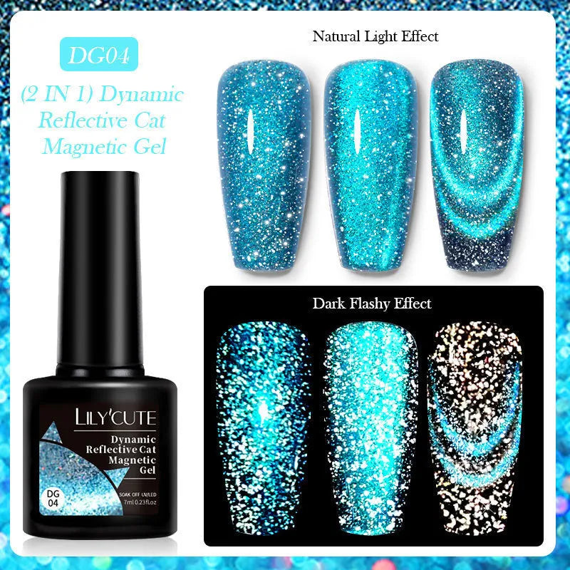 Cat eye effect nail polish gel with glitter and diamond fragments in six colour options