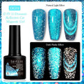 Cat eye effect nail polish gel with glitter and diamond fragments in six colour options