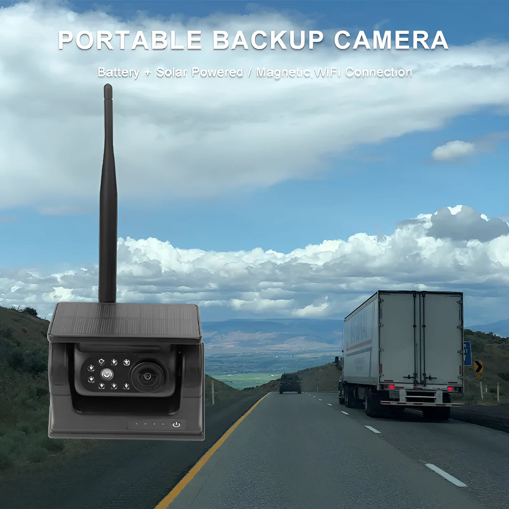 Solar-powered wireless reversing camera with magnetic mount showing aluminium alloy housing and adjustable angle mechanism