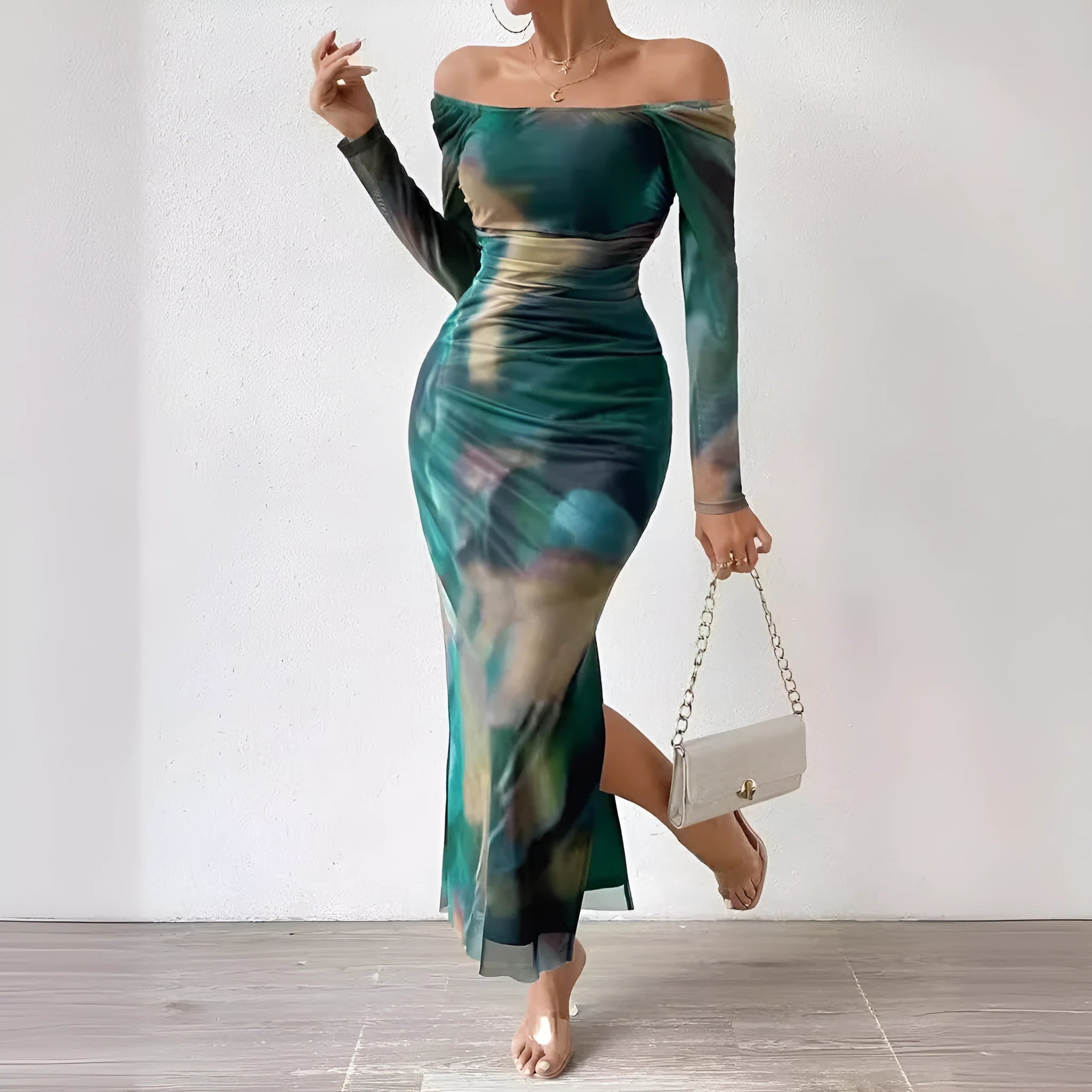 Long mesh fishtail evening dress with square collar and printed pleated gradient colour design