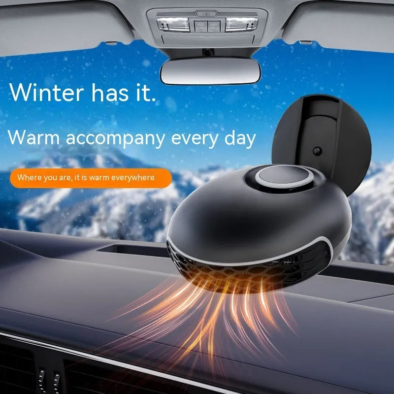 Black ABS car warm air blower heater for defrosting with long power cable, 12V or 24V model.