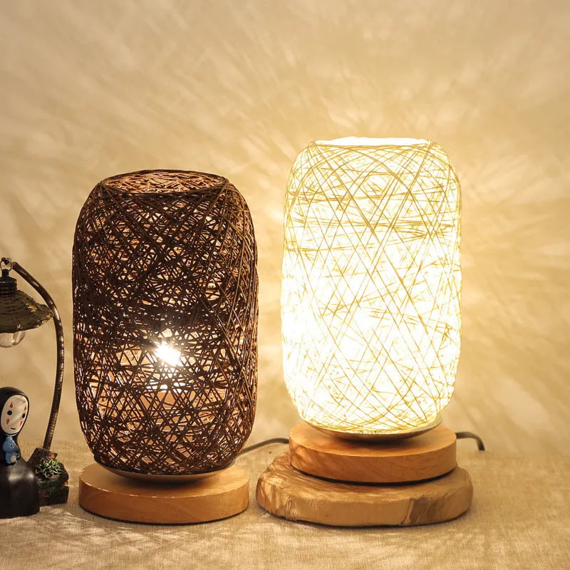 Sepak Takraw hemp rope desk lamp with solid wood base and USB-powered LED light