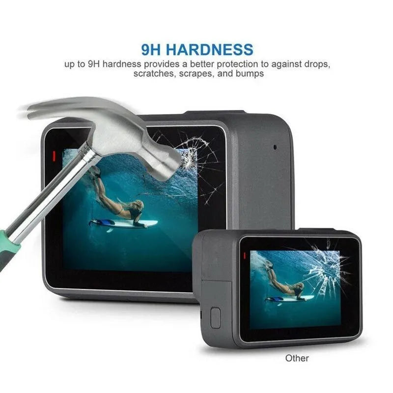 GoPro Hero 5 6 7 transparent tempered glass lens and LCD screen protector films laid flat.