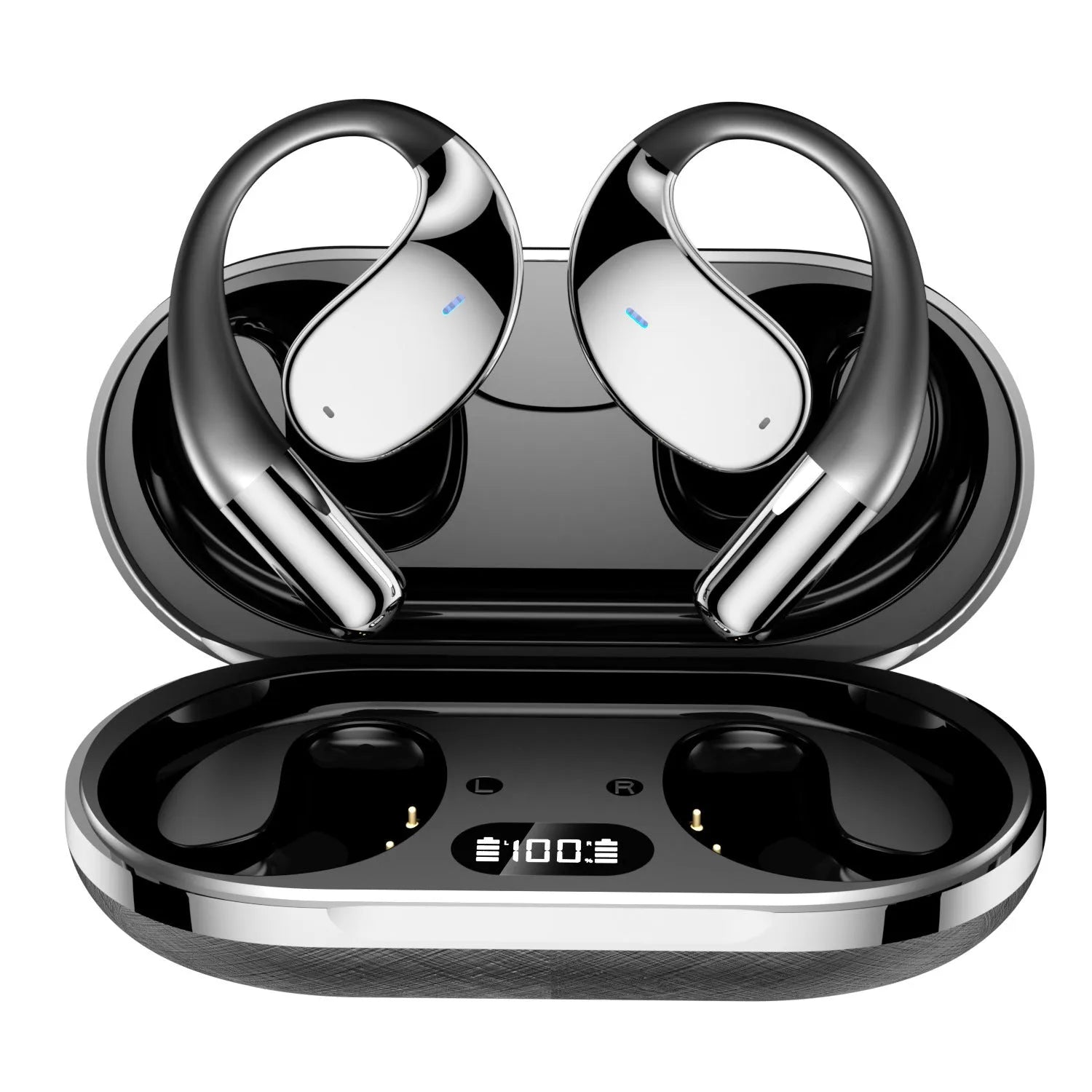 Black Bluetooth sports earphones with hanging ear design and aluminium alloy construction