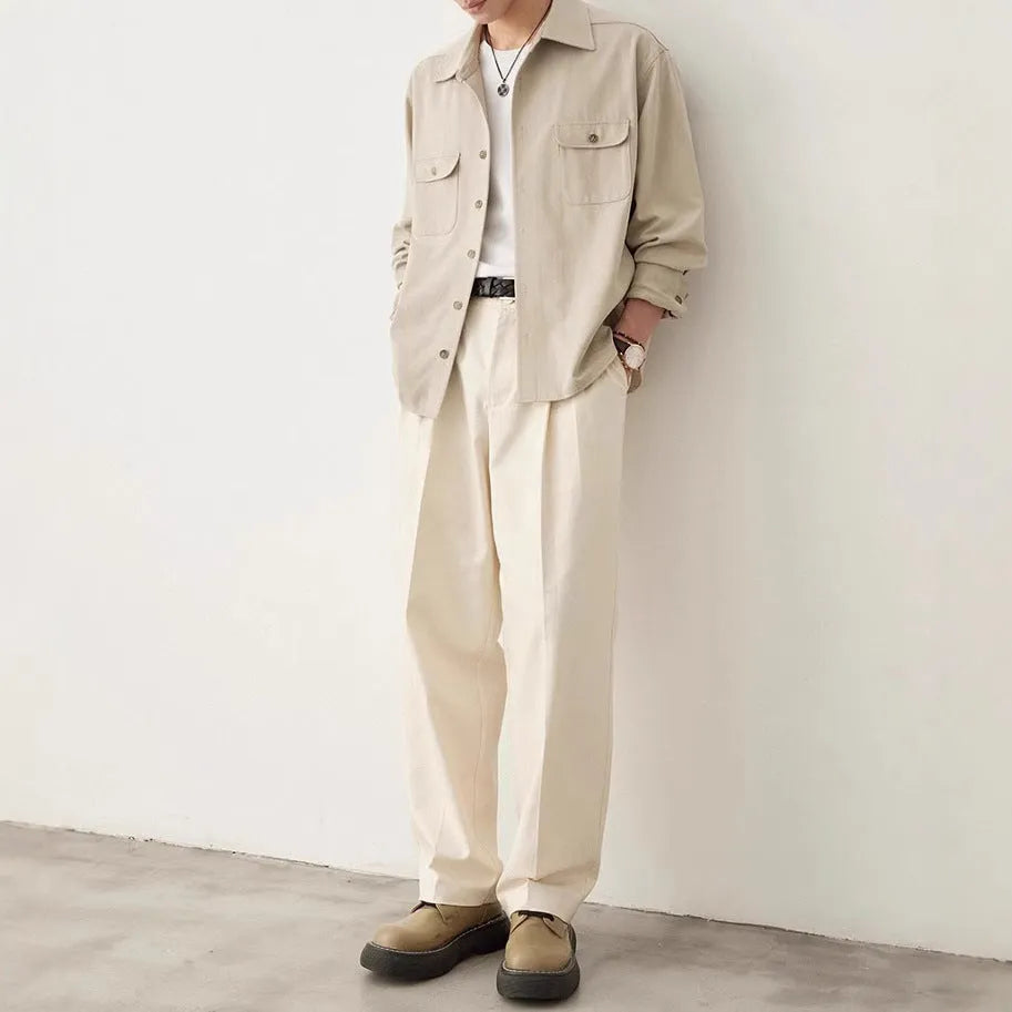 Men's cotton blend long sleeve shirt with simple lapel design in light sand rice colour