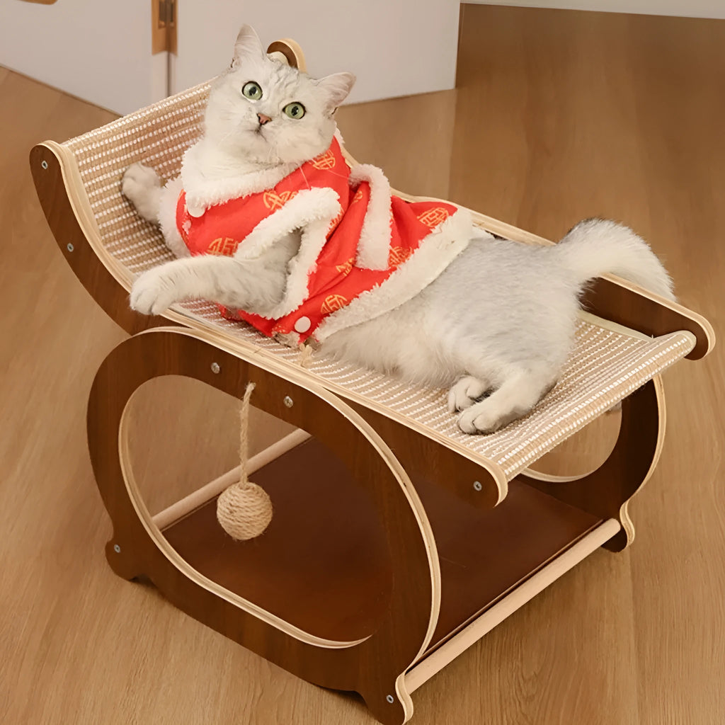 Solid wood cat bed recliner with integrated sisal scratching mat in walnut colour.