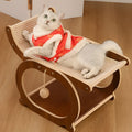 Solid wood cat bed recliner with integrated sisal scratching mat in walnut colour.