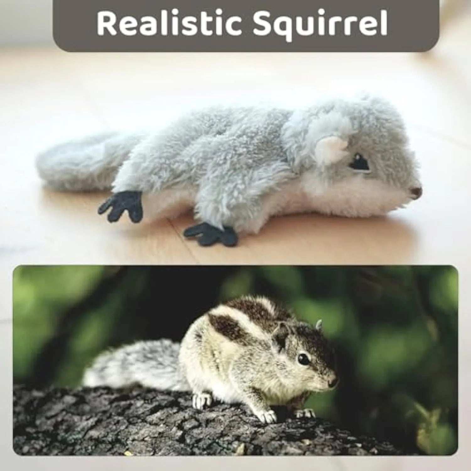 Gray flapping squirrel cat toy with waving wings showing touch-activated interactive features
