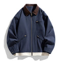 Men's loose fit Korean style autumn jacket with contrast colour lapels in polyester fabric.