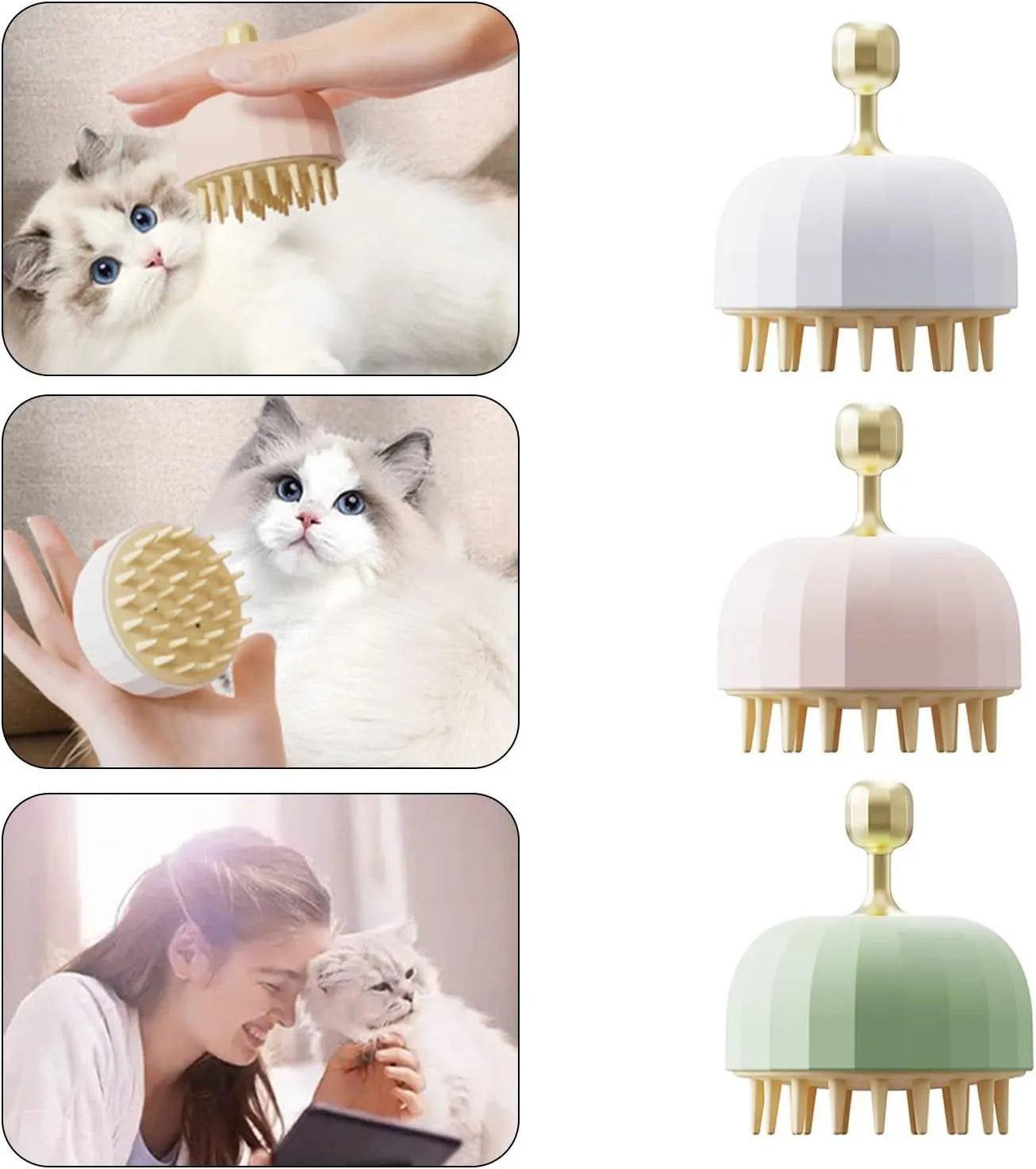 Green silicone pet bath massage brush with dual-sided head and drain holes