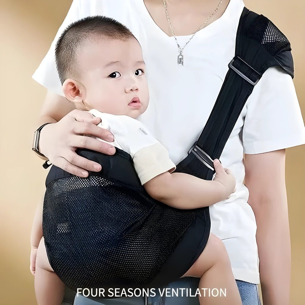 Cloth baby waist stool carrier for infants and toddlers in grey, black, green, or pink.