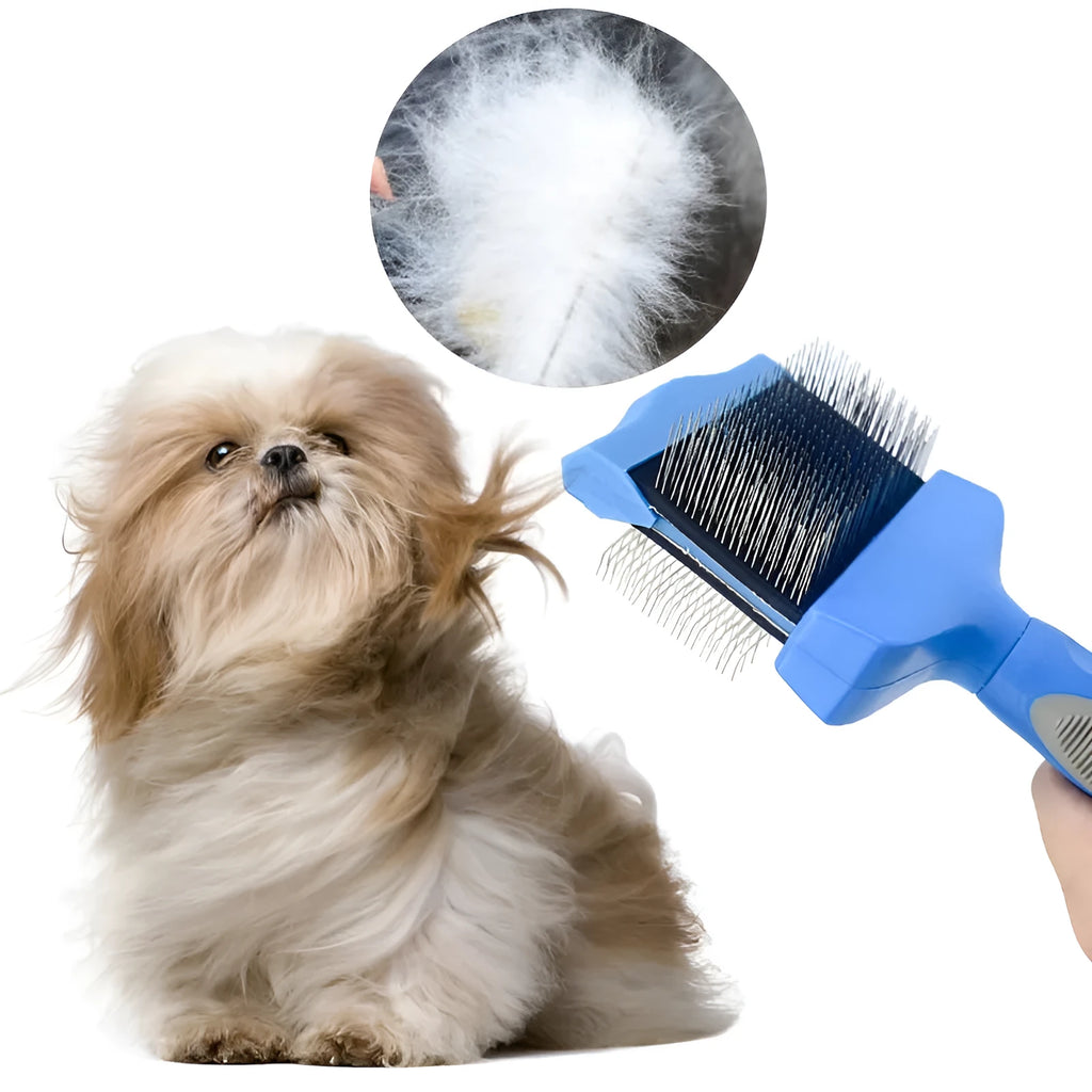 Double-sided pet brush with stainless steel pins on blue ergonomic handle