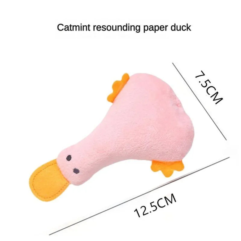 Plush duck pet toy with squeaker and catnip filling in four colour options