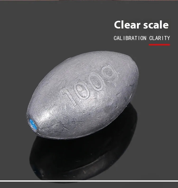 Rugby-shaped olive lead fishing weight with plastic core for sea fishing in various sizes
