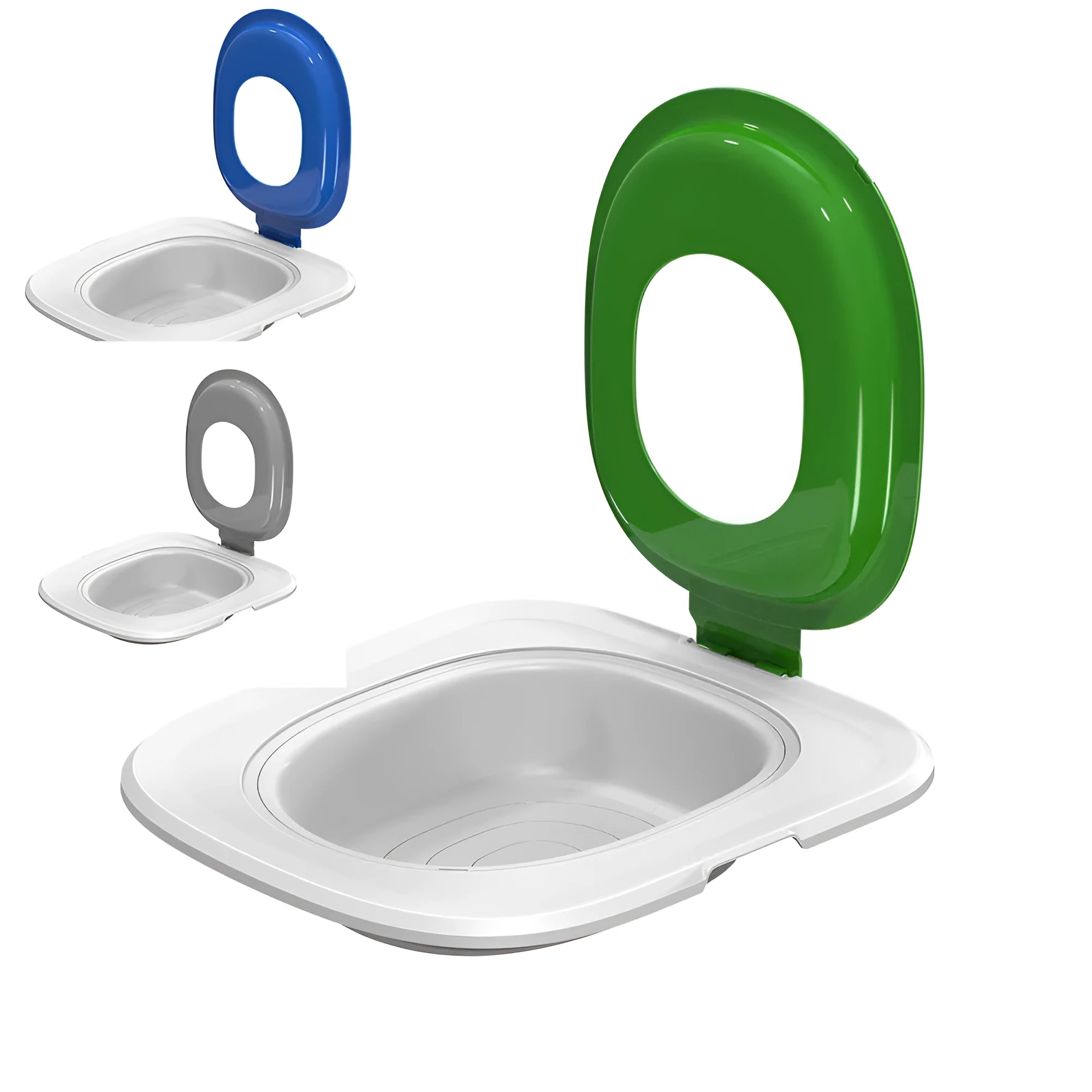 Fifth generation grey cat toilet trainer with matching litter mat on floor.
