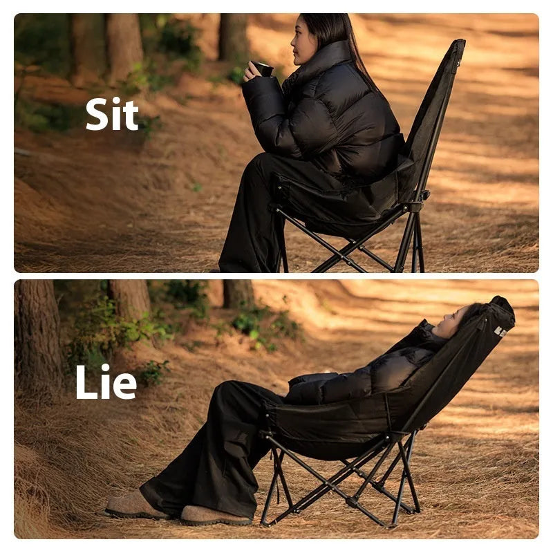 Night black folding camping moon chair with Oxford cloth fabric in folded position