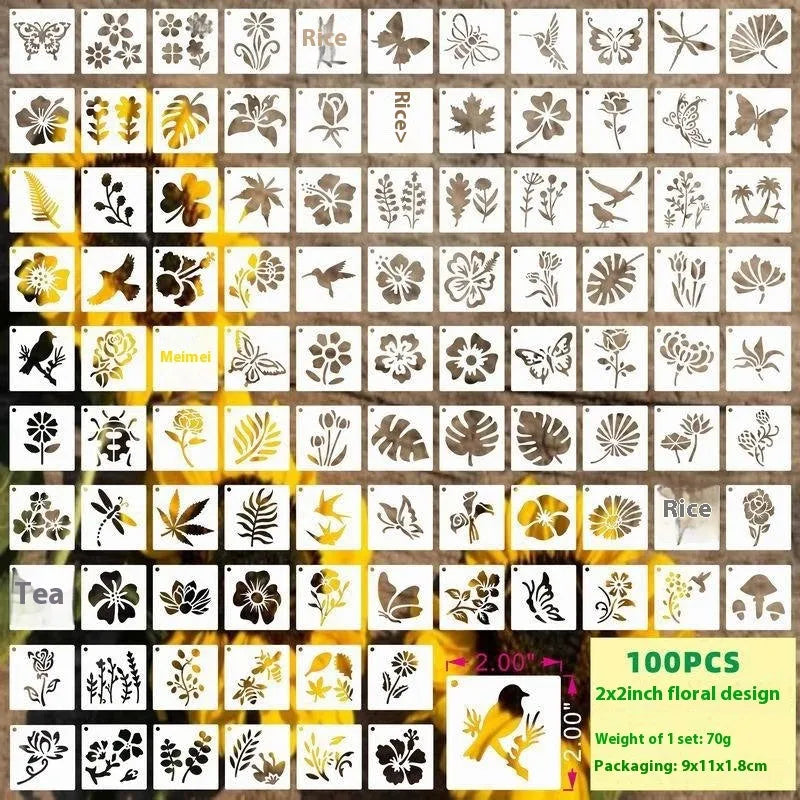 700-piece milky white PET film spray painting stencil set with seven design categories including animals, Hawaiian patterns, and letters