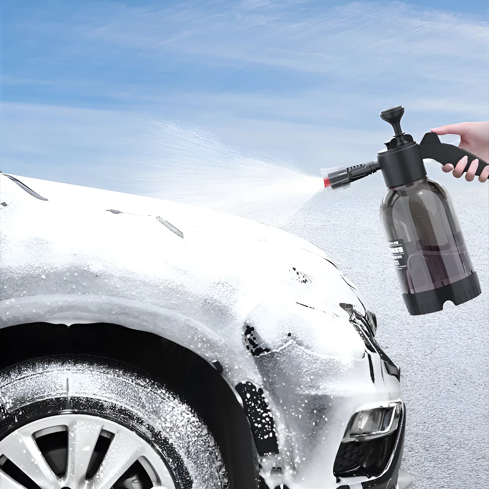 Black hand-held 2 litre spray bottle with two nozzles for garden watering and car washing