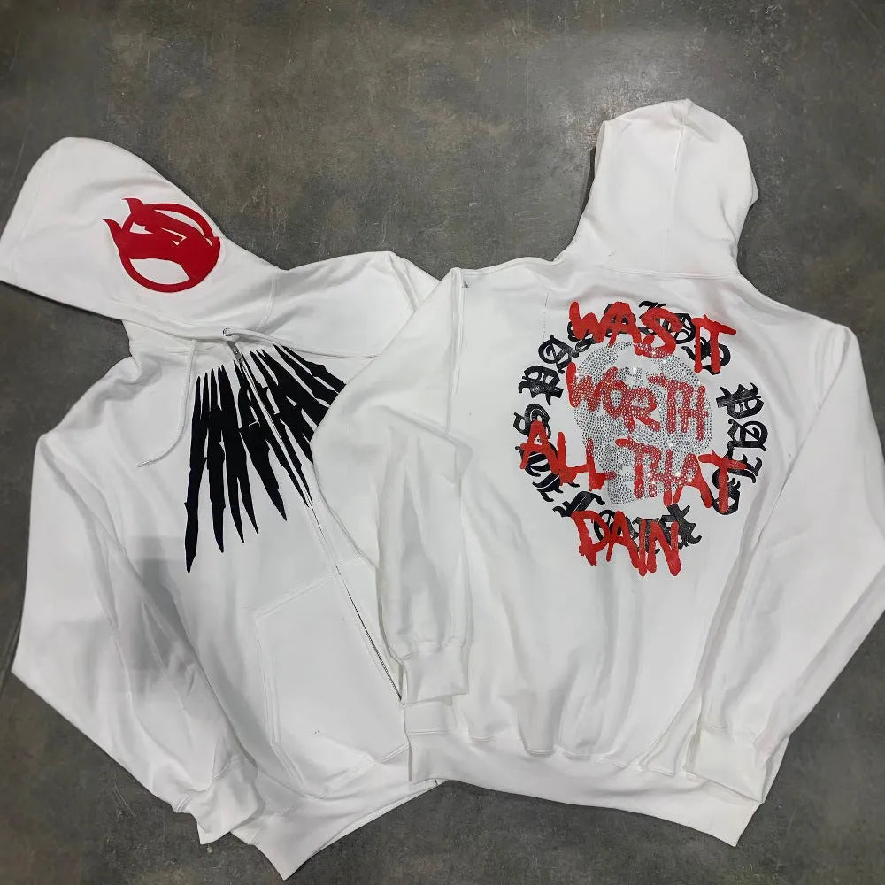 Black hooded sweatshirt with white printed skull design and rhinestone details, loose cardigan style