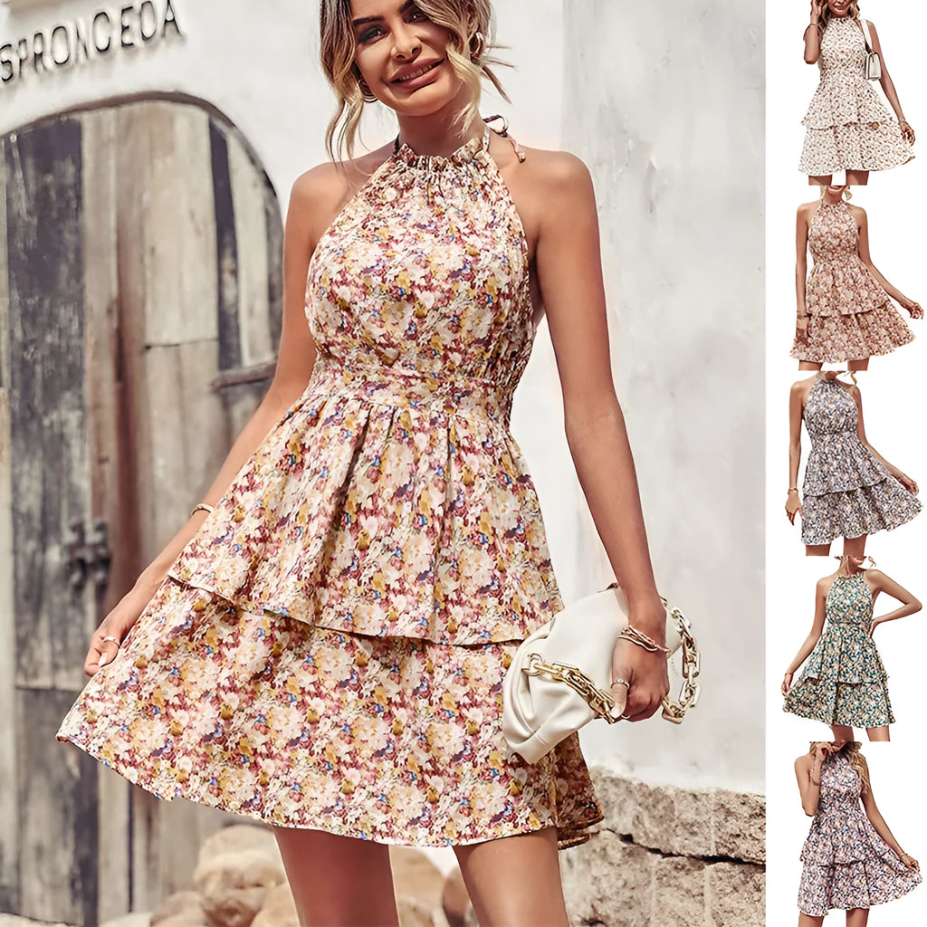 Women wearing a printed halter neck backless boho A-line summer dress in various colours