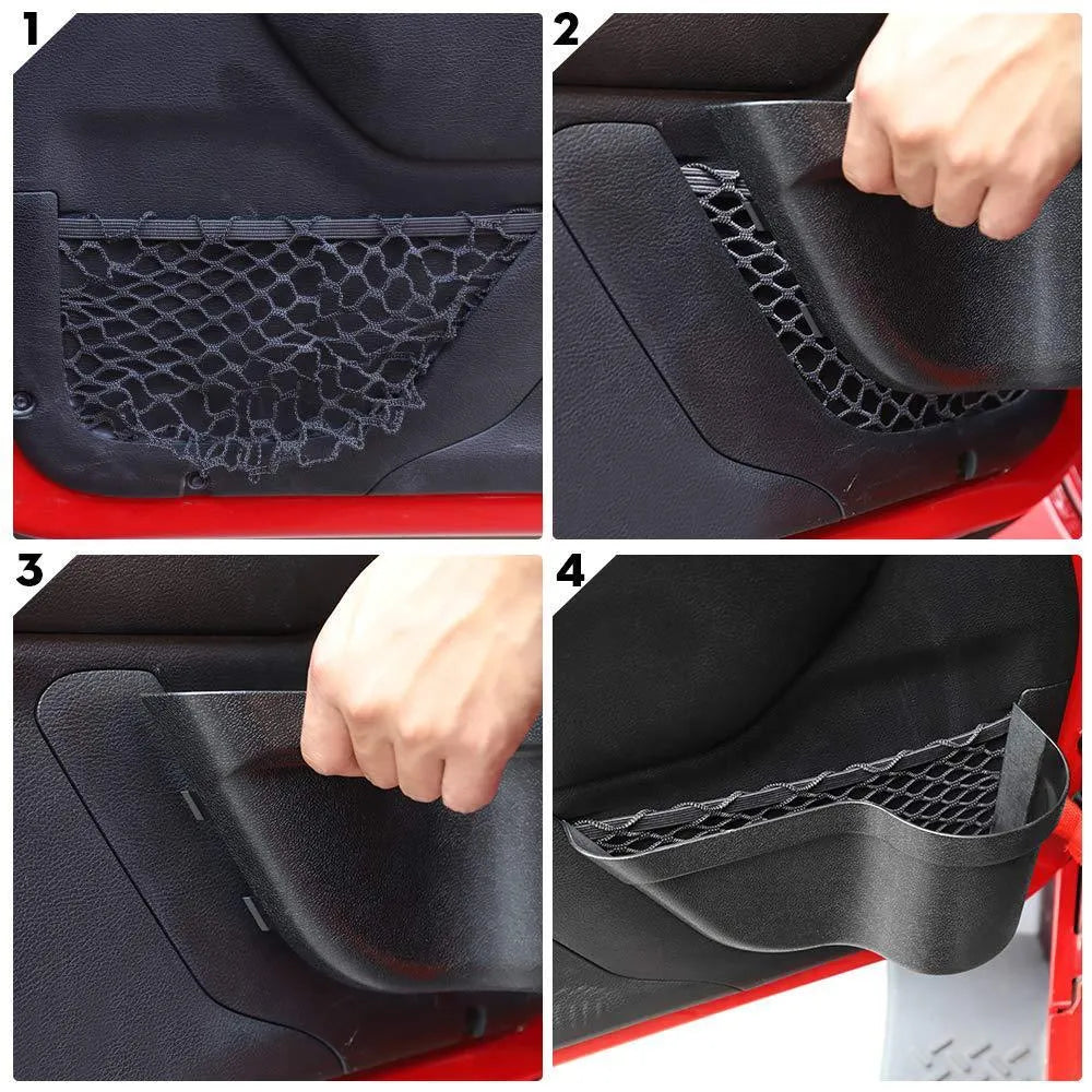 Black aluminium alloy car interior storage box with a net pocket for organising sunglasses and phones.