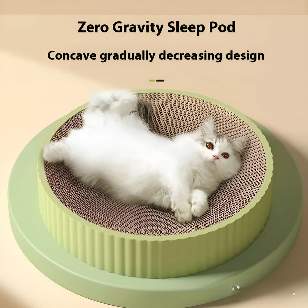 Green round cat scratching board and bed with replaceable corrugated cardboard centre, 55cm diameter