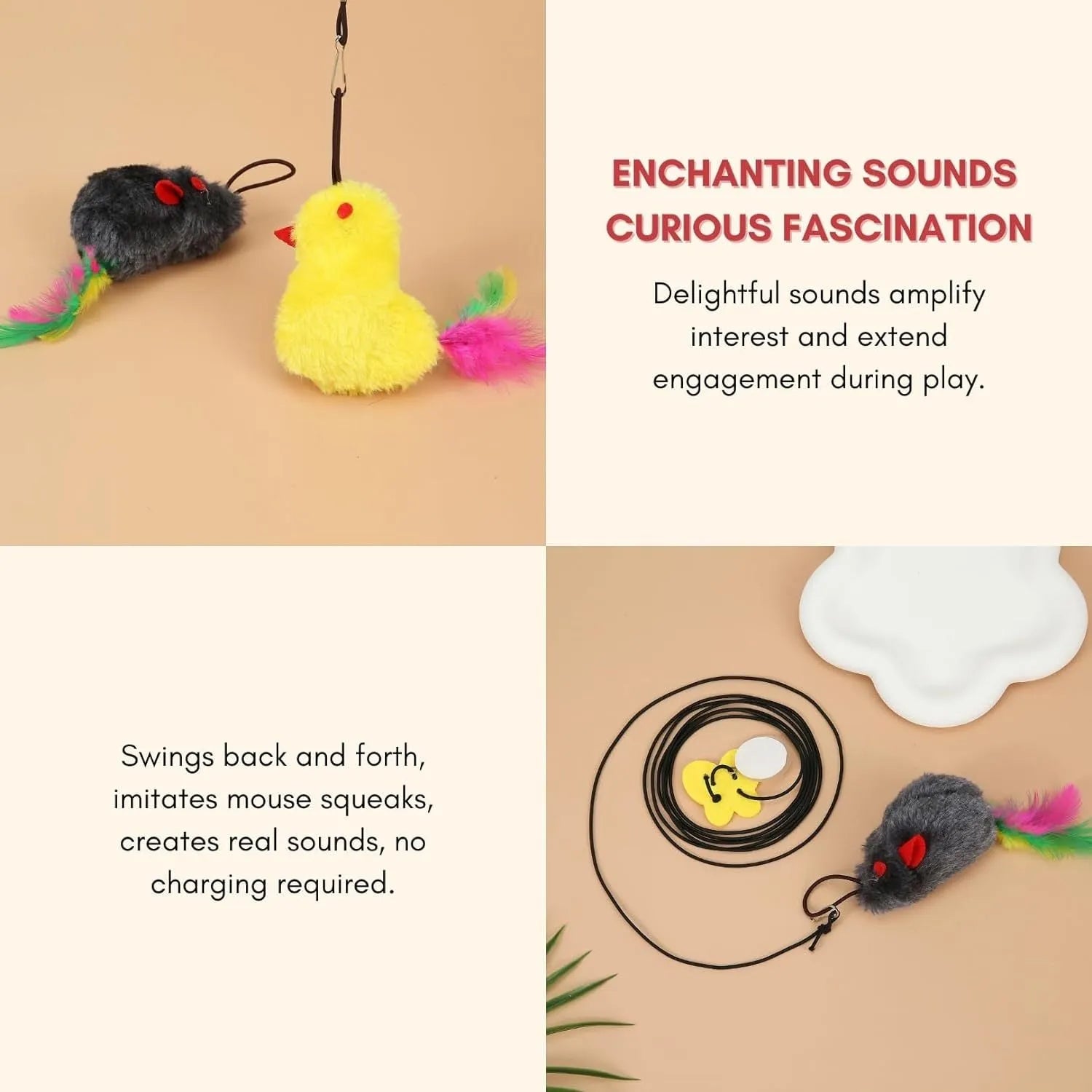 Grey and yellow interactive cat toy with dangling mouse, elastic rope, and treat dispenser for door frames