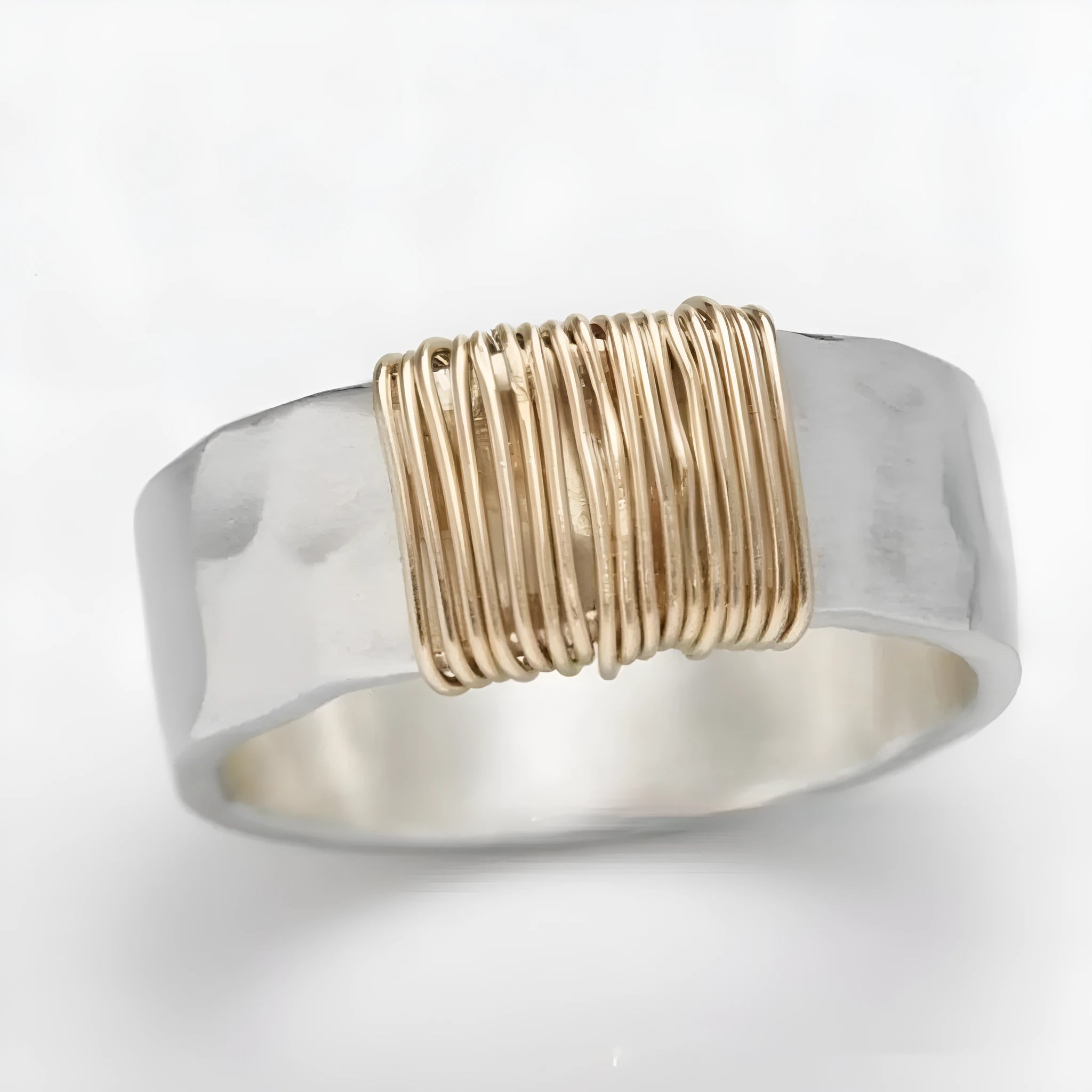 Copper geometric simple bracelet with silver gold coil finish and wide ring design.