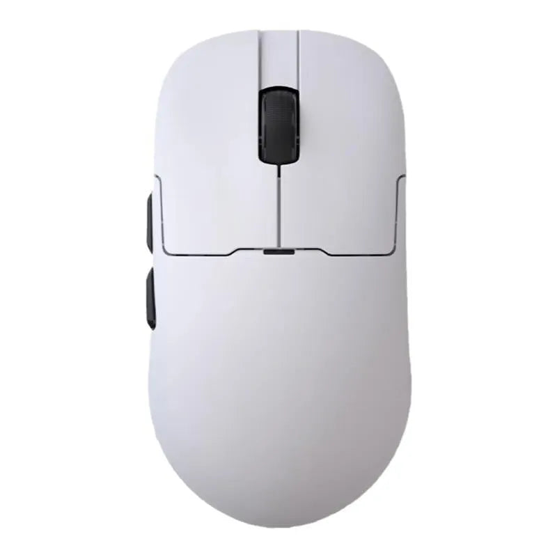 White gaming mouse showing three connection modes with compact ergonomic design
