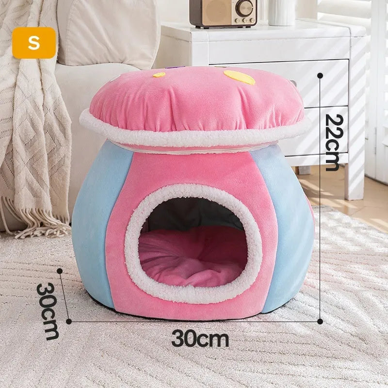 Plush grey mushroom-shaped cat bed with a detachable rabbit fur blanket inside.