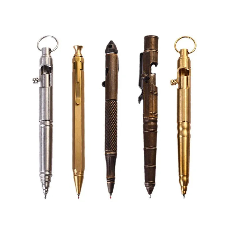 Brass tactical pen with bolt-action cylinder press mechanism in retro design