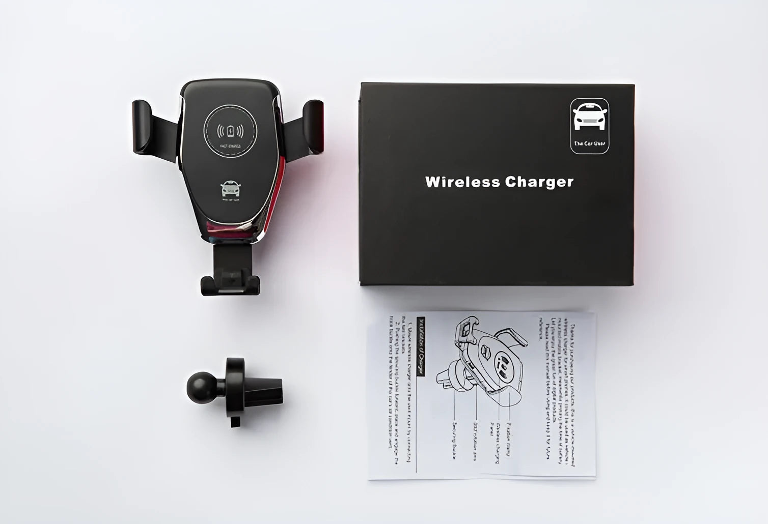 Black car wireless charger mount holding Apple iPhone with automatic clamping arms on car dashboard